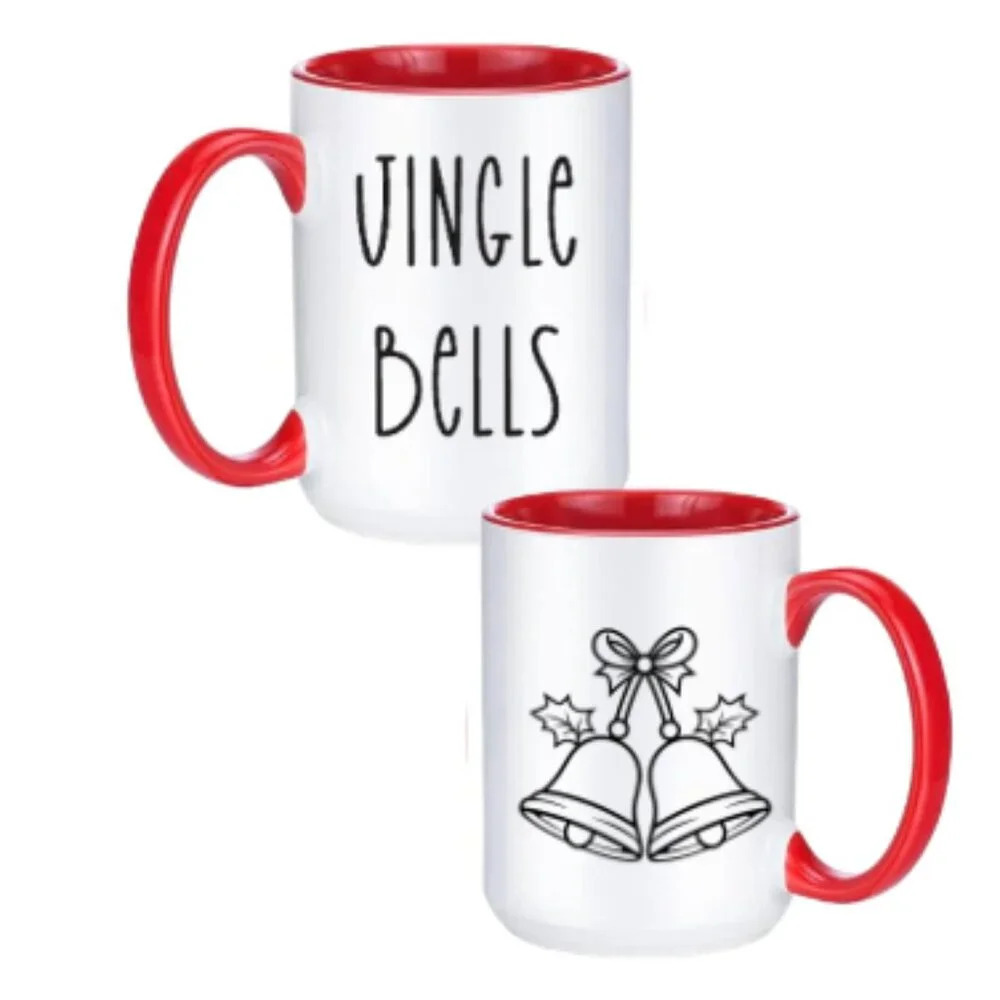 "Jingle Bells" 🔔 Red & White Mug with Bells Design – 15oz Ceramic
